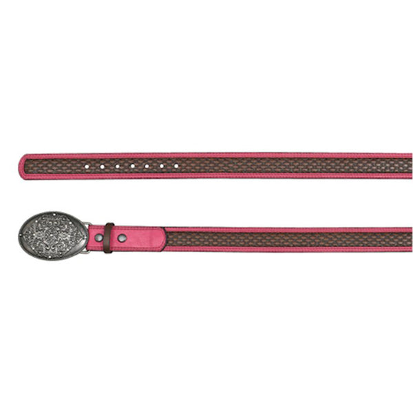 This is a Catchfly pink trim leather western belt and oval buckle. Size small Western Ladies Rhinestone Belt, Pink Leather, Cut Glass  main image 2