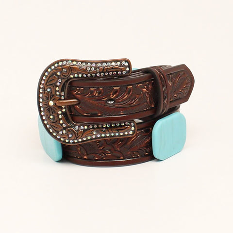 Angel Ranch Kids Sanded Embossed Turquoise Stone Brown Belt