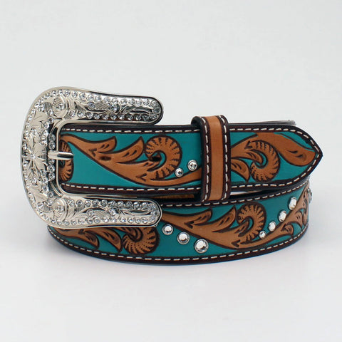 Angel Ranch Women's Turquoise & Brown Floral Tooled Belt