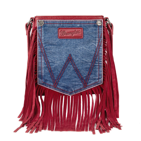 Montana West Wrangler Red Fringe Denim Pocket Crossbody
