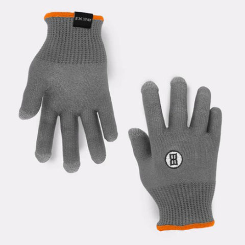 Youth Bex Roping Glove. They a grey with a white bex logo that sits on top of the hand and an orange band at the bottom.