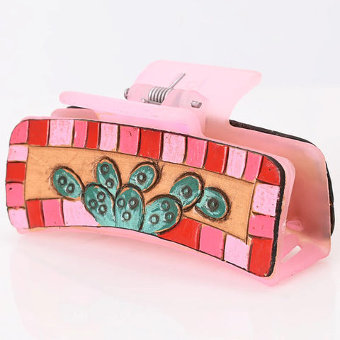 American Darling Pink Painted Cactus Leather Hairclip