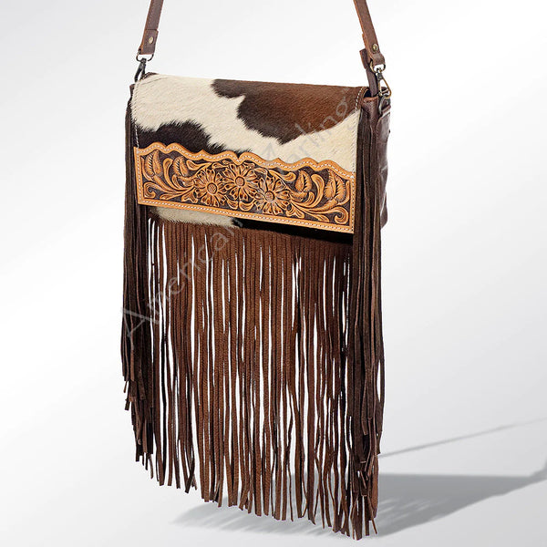 American Darling Brown and White Cowhide With Tooled Flower Flap Purse