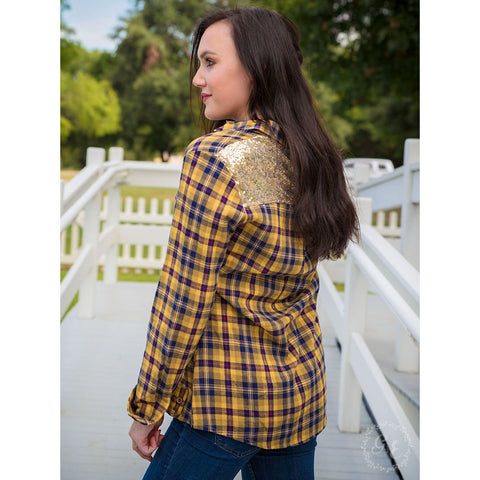 Southern Grace Women's Yellow Plaid with Gold Sequin Yoke Long Sleeve