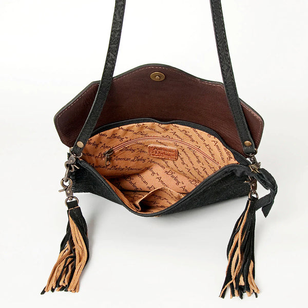 American Darling Aztec Tooled Leather Purse - Large Black Multi-Colored Boho Bag, 16x15x2 Inches