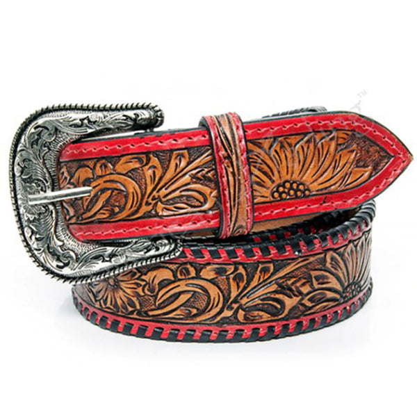 NEW AMERICAN DARLING women\'s hand-tooled leather belt in red American Darling Western Floral Hand-Tooled Leather Belt in  main image 3