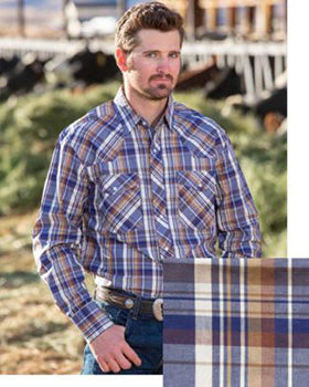 Wyoming Men's Blue and Tan Plaid Long Sleeve Shirt