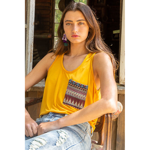 Yellow tank top with Aztec print chest pocket.