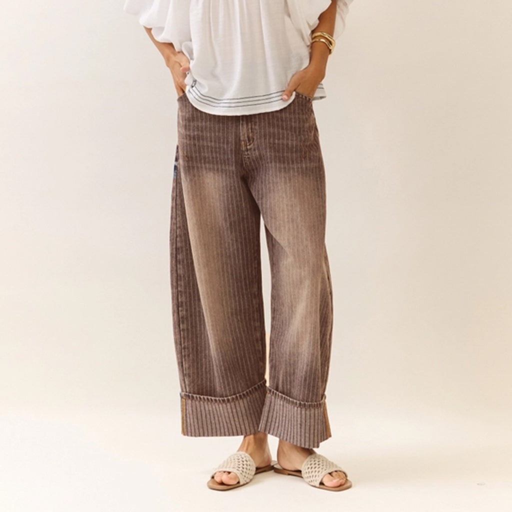 Front side view of Washed Brown Striped Barrel Jeans 