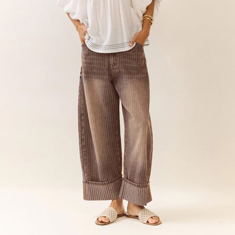 Front side view of Washed Brown Striped Barrel Jeans 