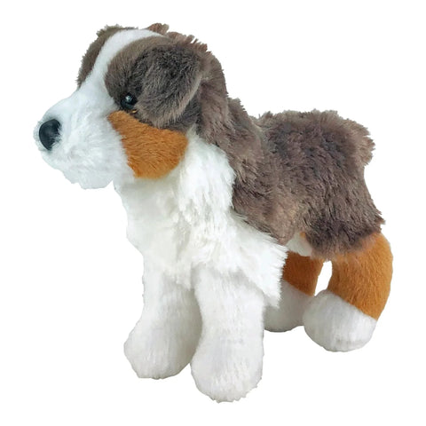 Stuffed white, brown, and grey tri-color Australian puppy. 