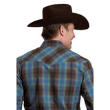 Roper Men's Long Sleeve Snap Plaid Blue Western Shirt Back View