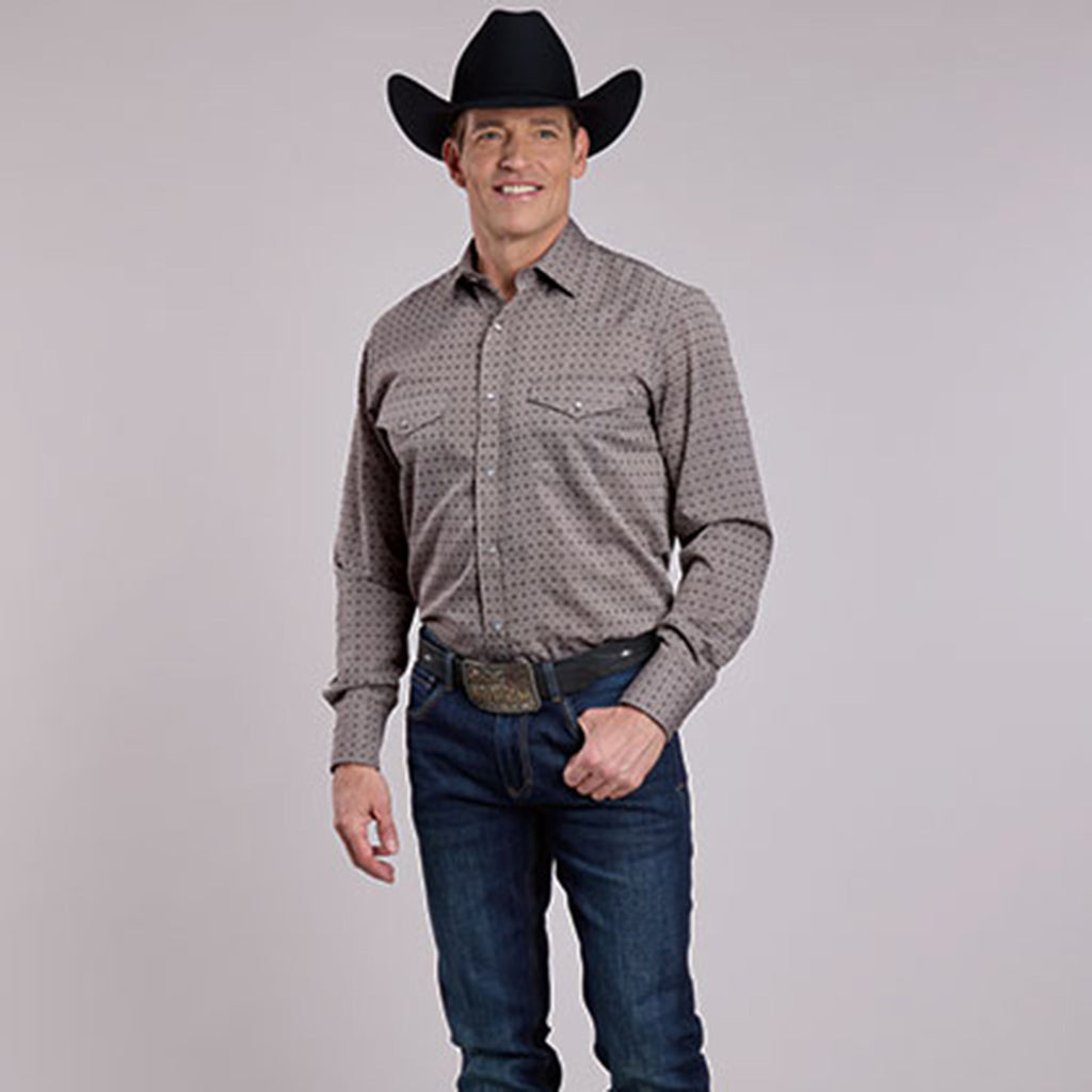 Medium grey long sleeve button down shirt with dark grey geometric print. 