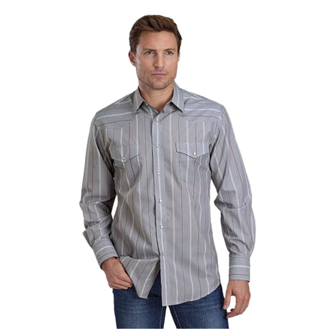 Gray/ Red Striped Snap Long Sleeve with Two Chest Pockets  