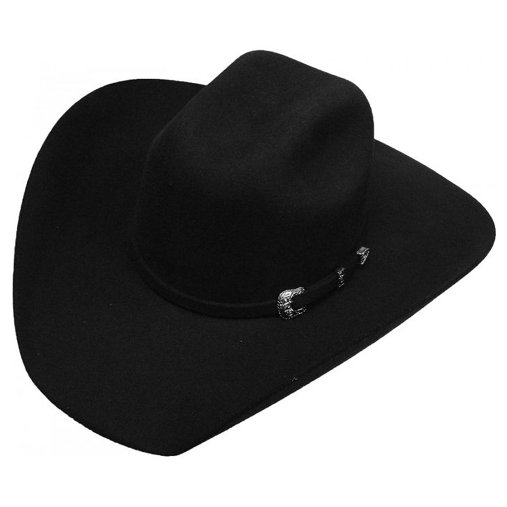 Black felt Silverton shaped cowboy hat with black hat band and silver buckle.