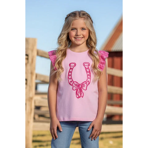 Girl Wearing Pink Horse Shoe - Toddler Ruffle Eyelet Tee