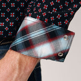 Inside view of the accent cuff, it is black, red, white, and blue plaid. 
