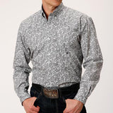 White and light grey paisley printed button down long sleeve shirt.