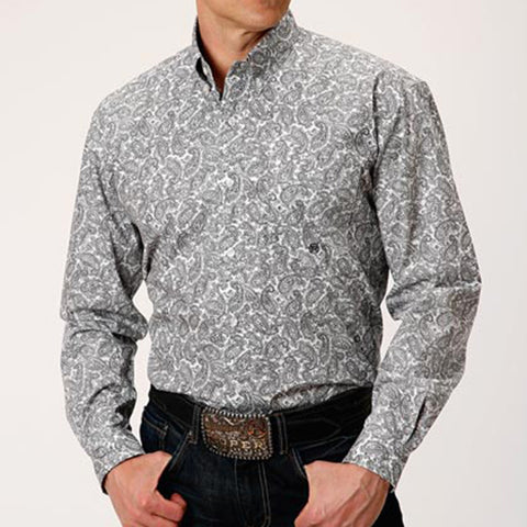 White and light grey paisley printed button down long sleeve shirt.