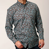 Turquoise and maroon paisley printed long sleeve shirt.