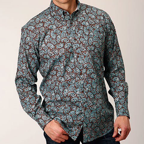 Turquoise and maroon paisley printed long sleeve shirt.