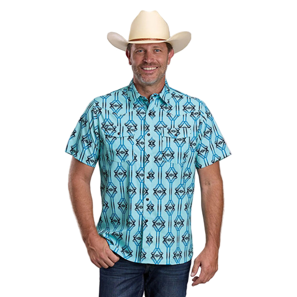Roper Men's Aqua Aztec Short Sleeve Button Up Front