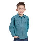 Boy wearing a teal diamond geometric pattern long sleeve button down shirt