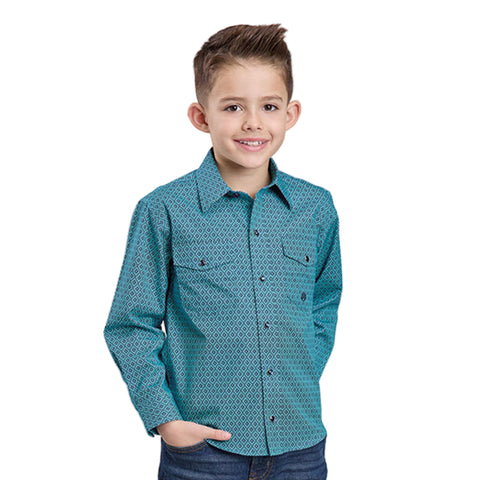 Boy wearing a teal diamond geometric pattern long sleeve button down shirt