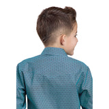 Back View of a boy wearing a teal diamond geometric pattern long sleeve button down shirt