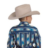 Back view of a boy wearing a blue and cream vertical aztec print long sleeve shirt