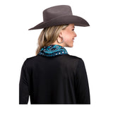 women's black Cowl neck pullover with turquoise southwestern print back view