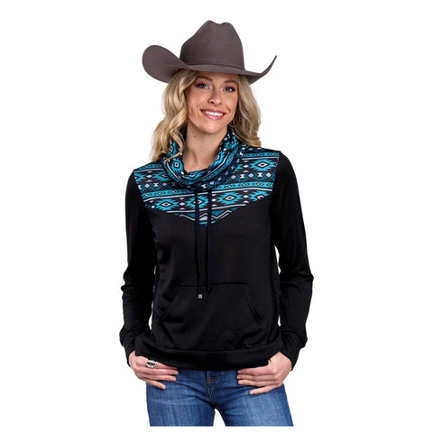 women's black Cowl neck pullover with turquoise southwestern print