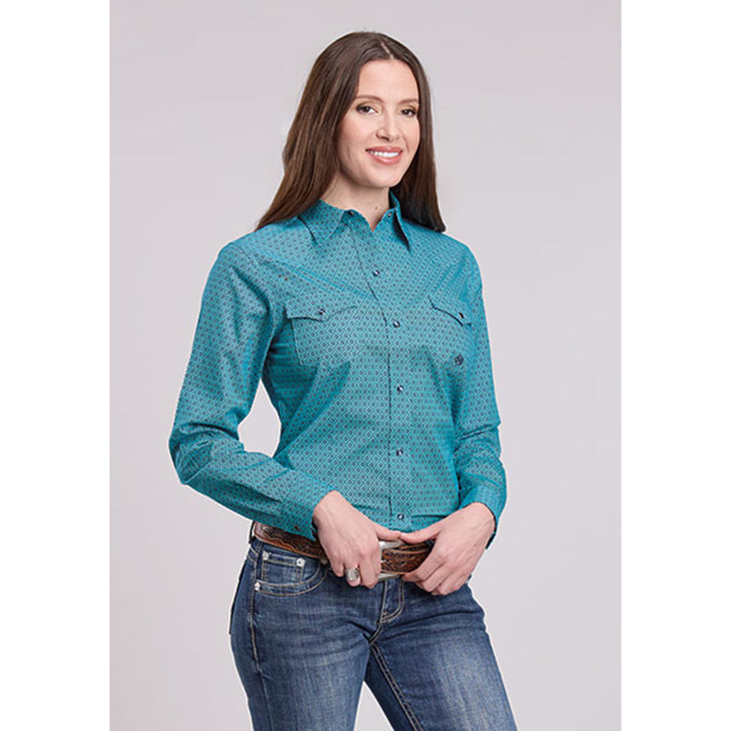 Roper Women's Aztec Diamond Geo Teal 100% Cotton L/S Shirt