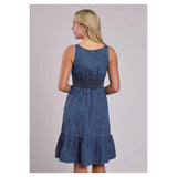 Dark denim tank dress with gathered waist Back view