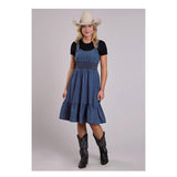 Dark denim tank dress with gathered waist with shirt underneath dress view