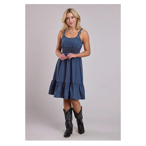Dark denim tank dress with gathered waist
