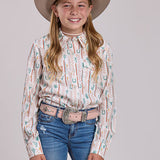 Front side view of girl wearing Checker Print Long Sleeve Shirt 
