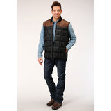 Roper Men's Quilted Poly Filled Vest in Black & Brown Colors Front Open View