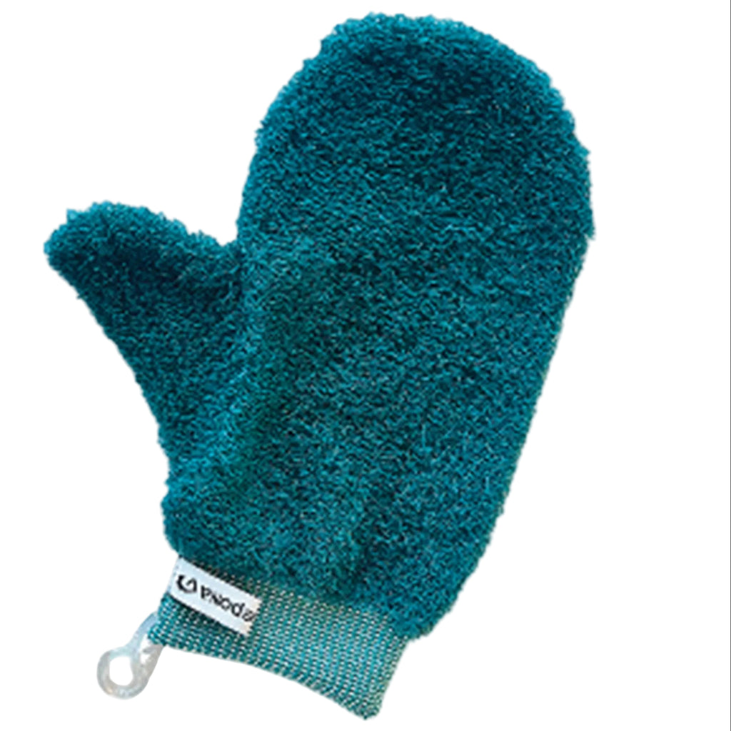 Vertical view of blue grooming mitt. 