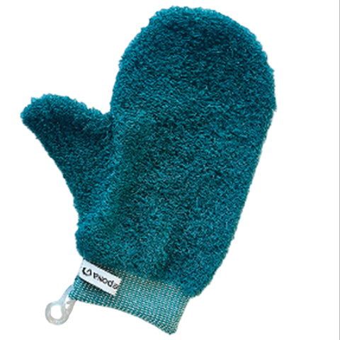 Vertical view of blue grooming mitt. 