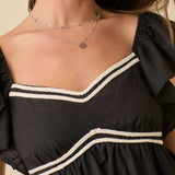 Women's Black Peplum With White Rope Embroidery Shirt