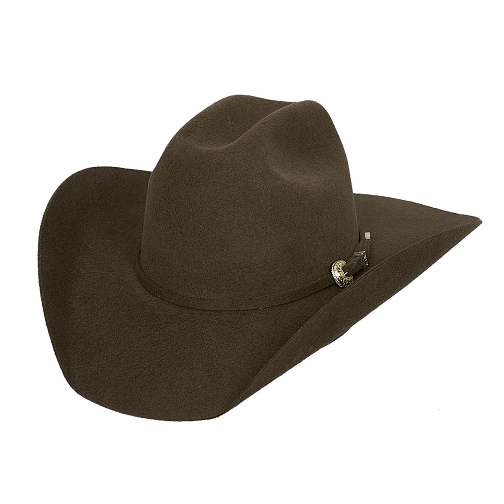 Chocolate brown felt cowboy hat with a cattleman crease. 