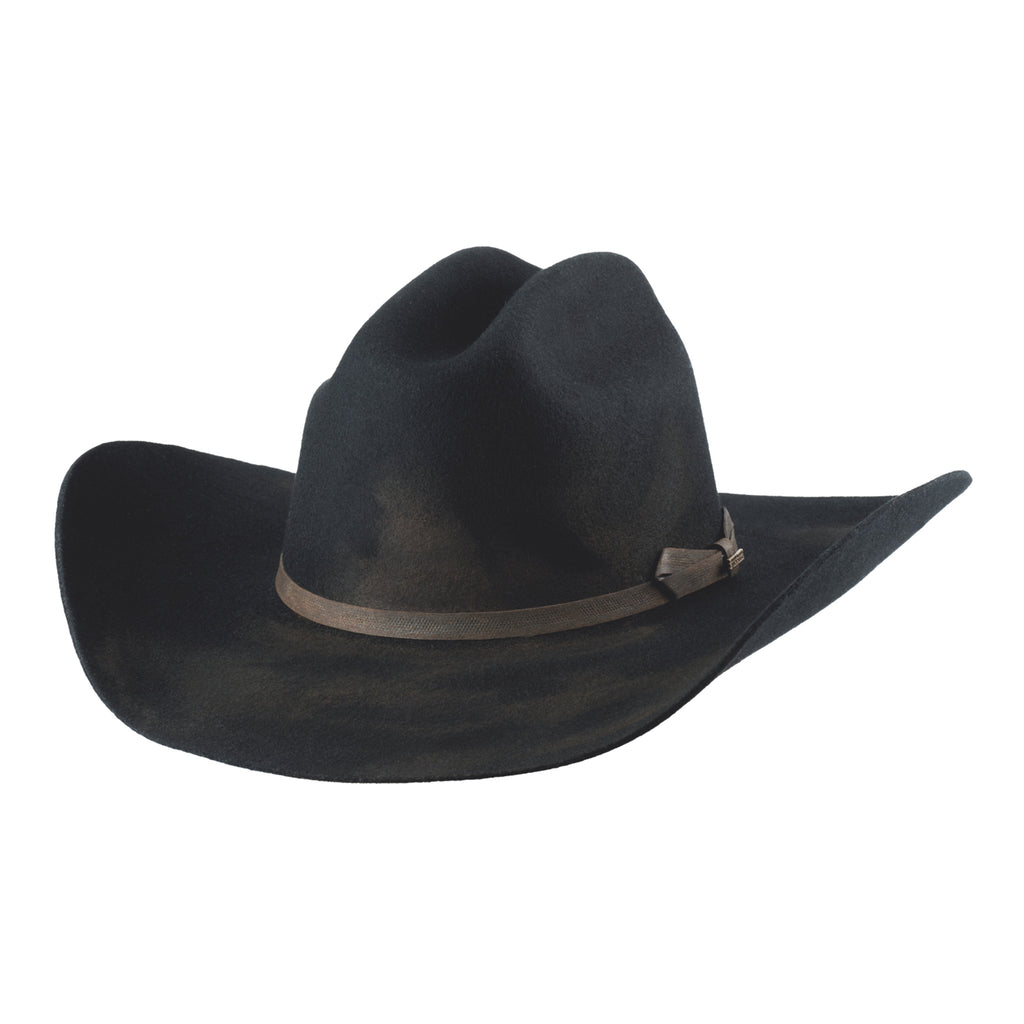 Black distressed felt cowboy hat with brown hat band.