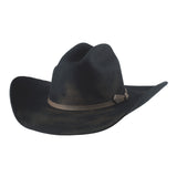Black distressed felt cowboy hat with brown hat band.