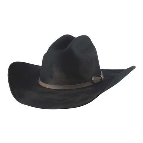 Black distressed felt cowboy hat with brown hat band.