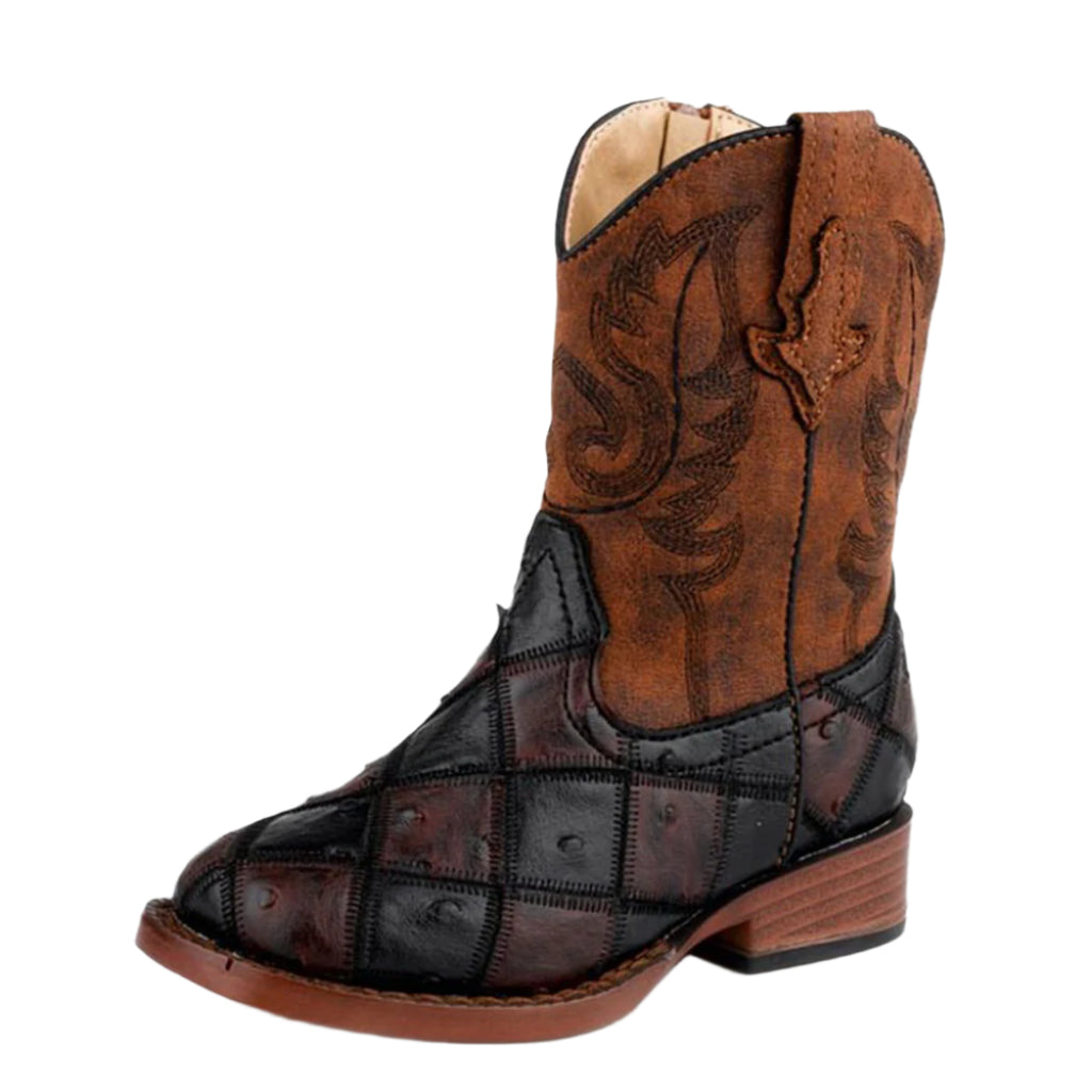 Faux Ostrich Brown and Black Patchwork Square Toe Boots