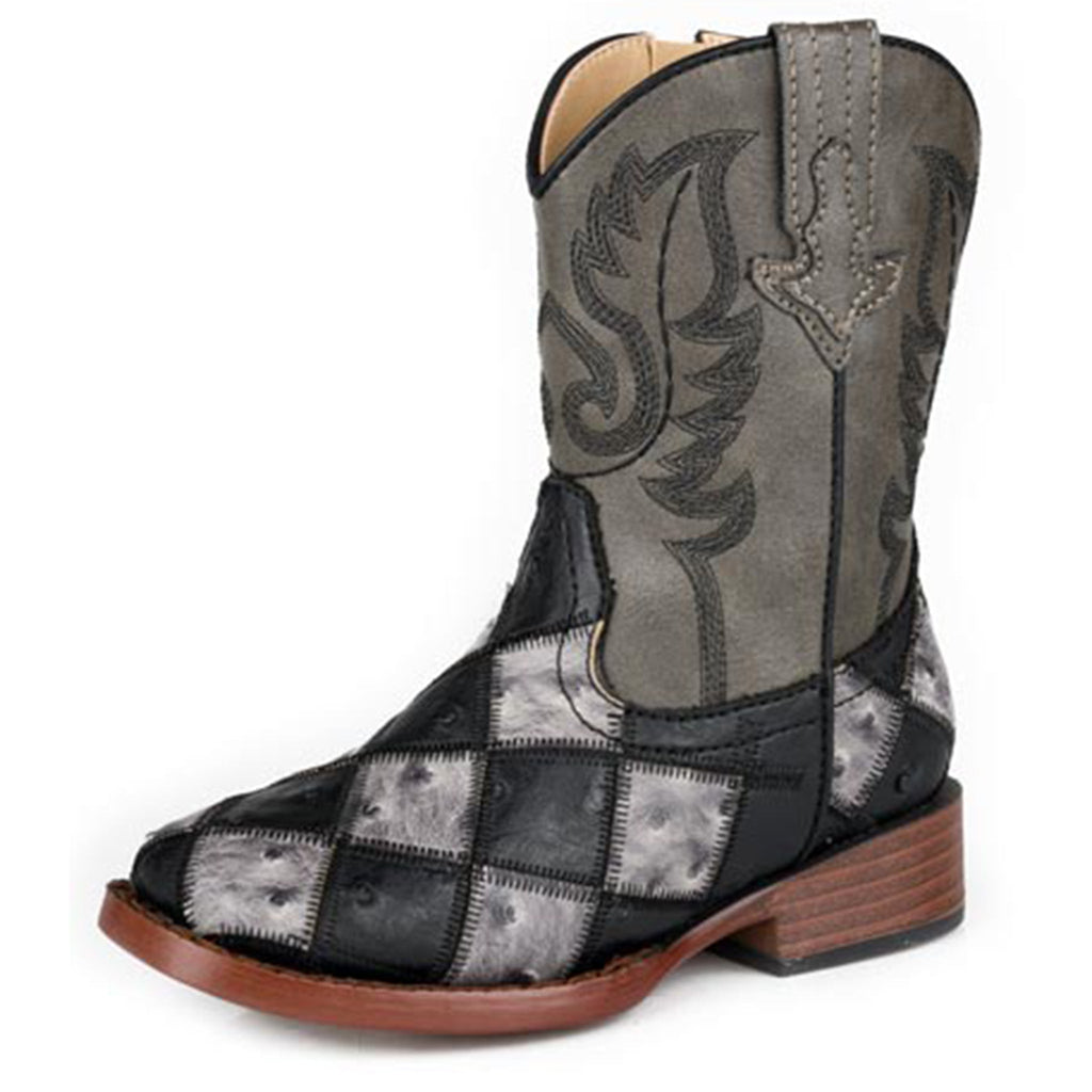 Front and side view of kids grey and black patch ostrich boots. 