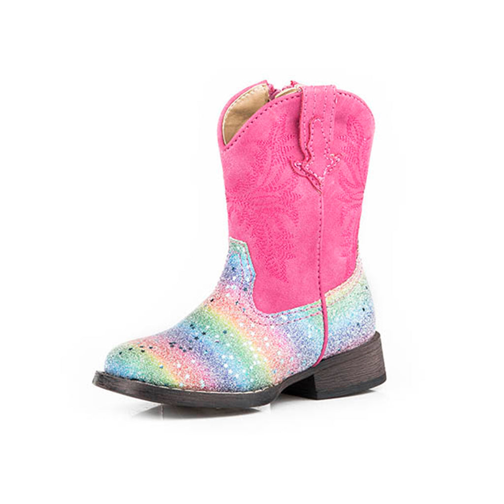 Multi Rainbow Glitter Pink Shaft Square Toe Boot