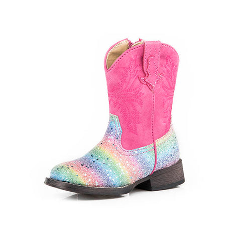 Multi Rainbow Glitter Pink Shaft Square Toe Boot