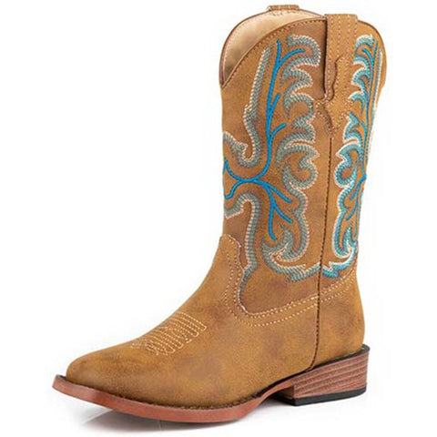 kids tan square toe cowboy boots with blue accents